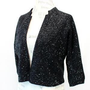 Cyn Les Black Open Front Sequin 100% Lambswool Blazer Jacket Cardigan Size 38